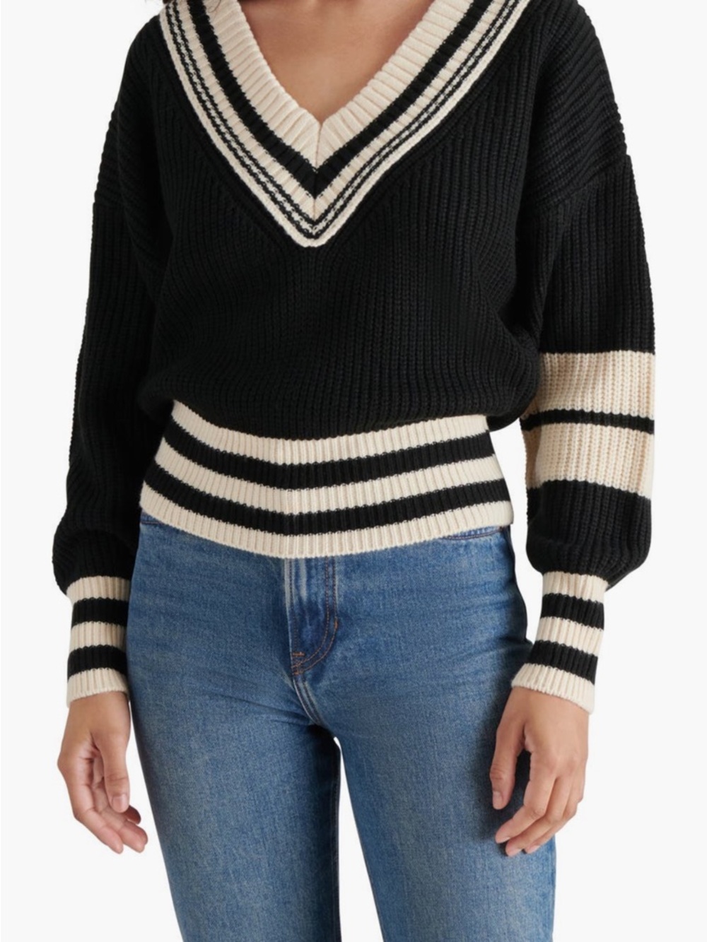 Steve Madden Black V-Neck Sweater with Cream Stripes